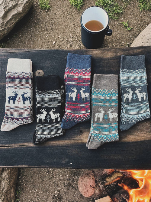 Cozy winter crew socks with traditional Nordic reindeer  patterns in Ivory, Black, Navy, Brown and Grey.