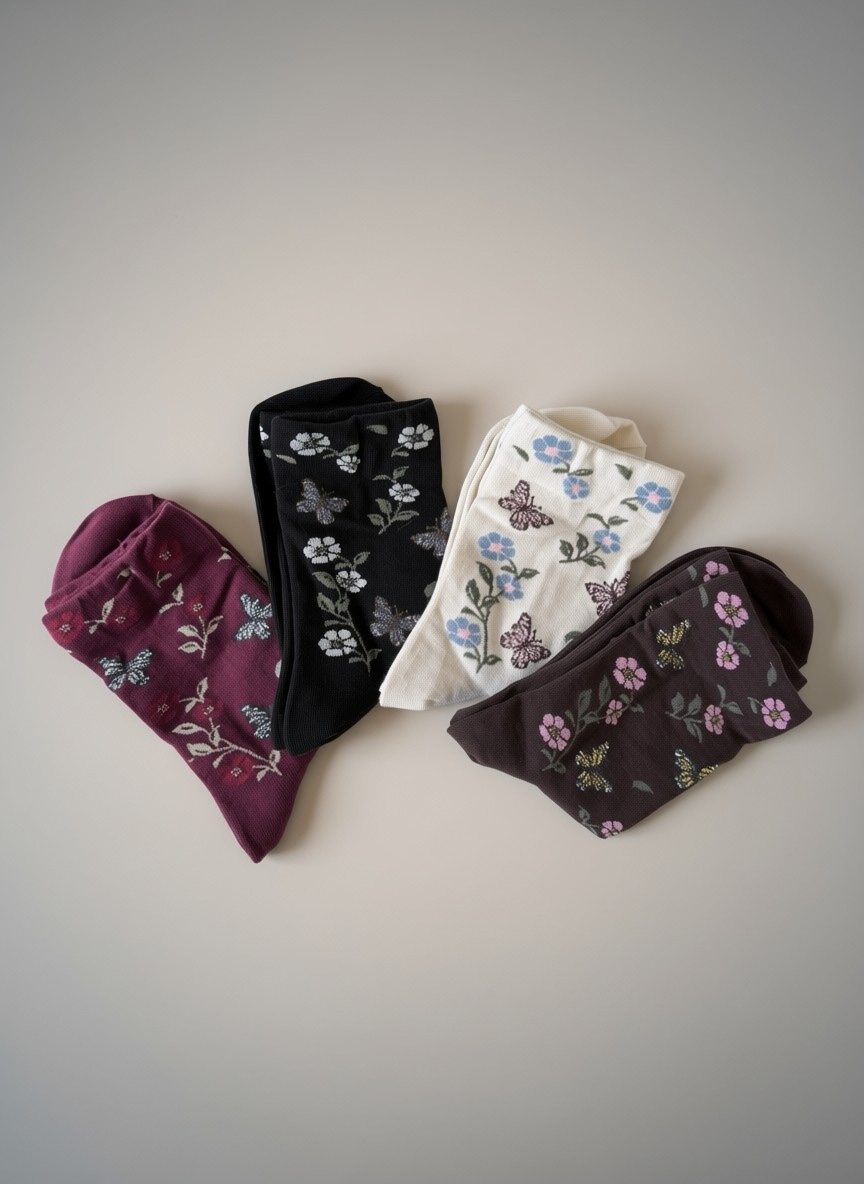 Butterfly Floral Cotton Crew Socks