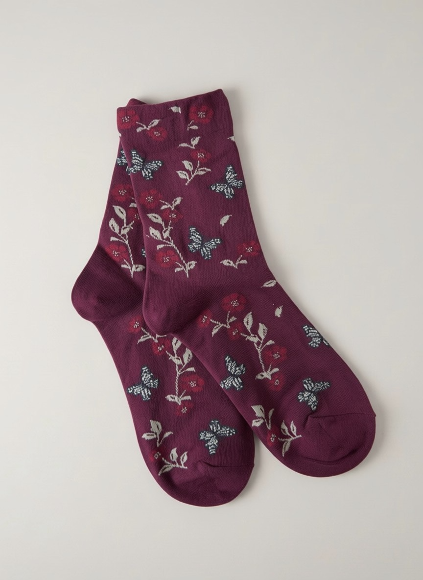 Butterfly Floral Cotton Crew Socks