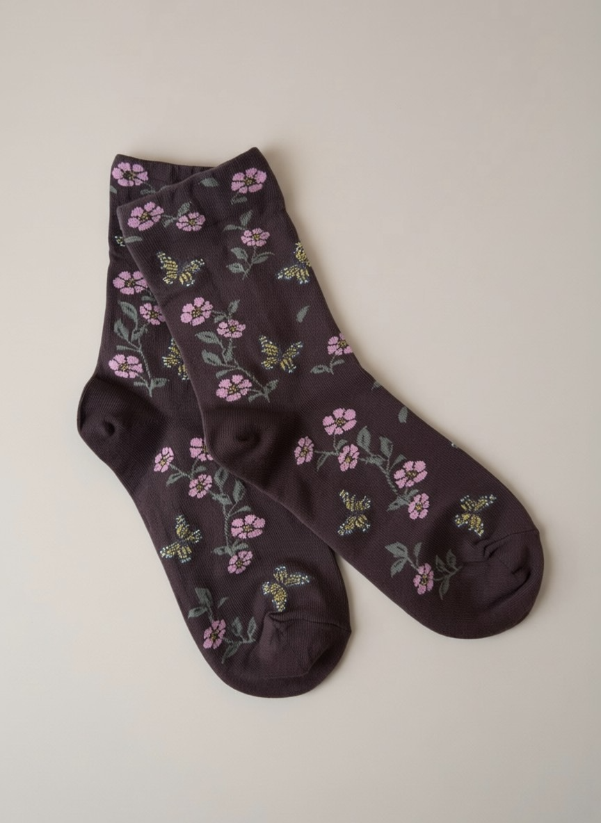 Butterfly Floral Cotton Crew Socks