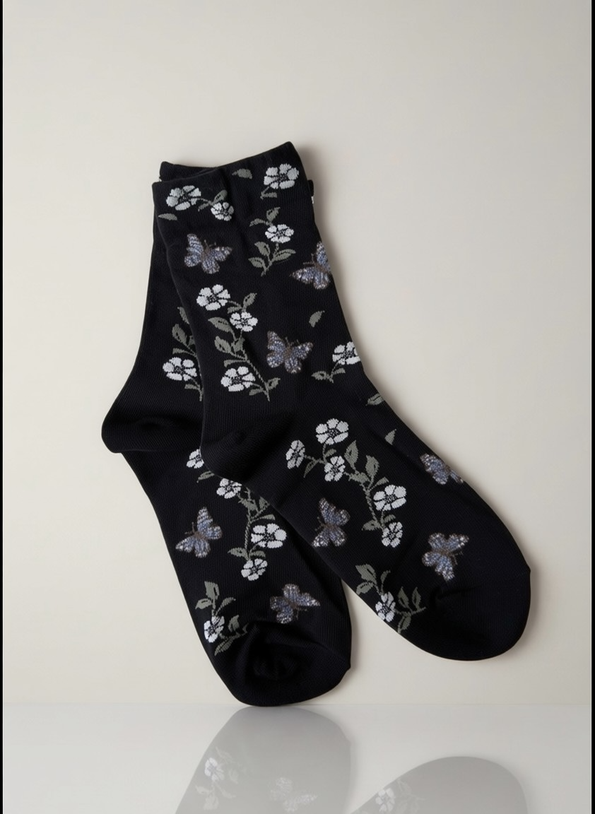 Butterfly Floral Cotton Crew Socks