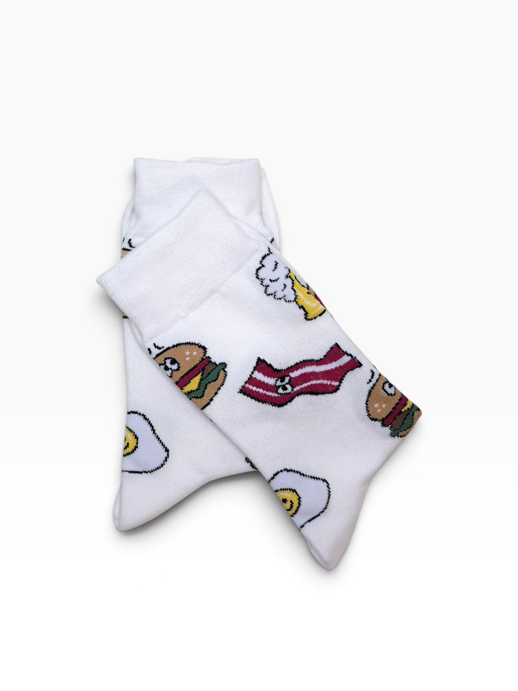 Breakfast Food Crew Socks – Fun Burger, Bacon & Egg Pattern