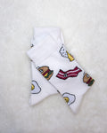 White crew socks with burger bacon and egg pattern made in Korea