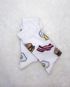 White crew socks with burger bacon and egg pattern made in Korea
