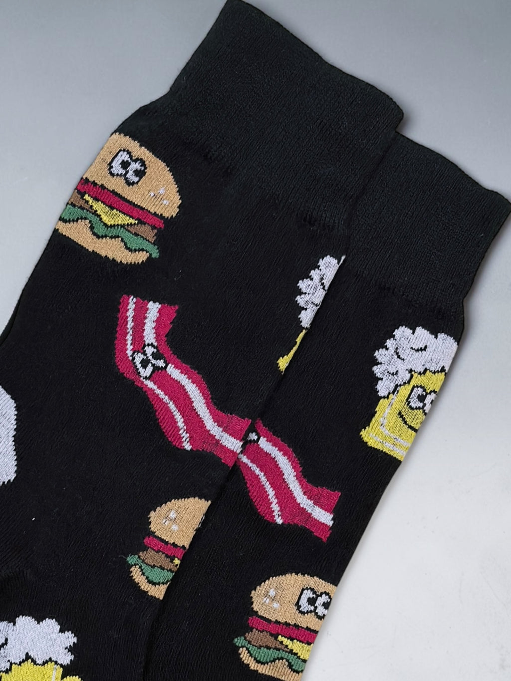 Breakfast Food Crew Socks – Fun Burger, Bacon & Egg Pattern