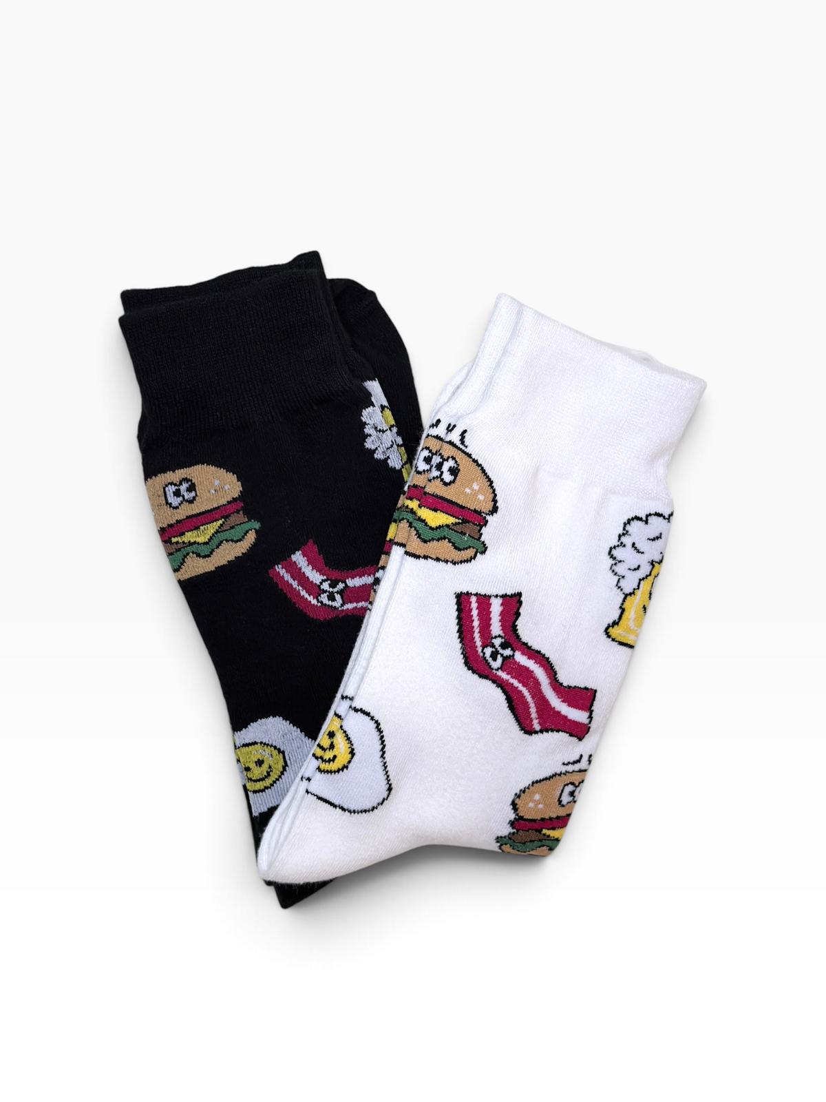 Breakfast Food Crew Socks – Fun Burger, Bacon & Egg Pattern