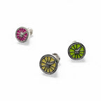 Three colorful orange-shaped earrings on a white background
