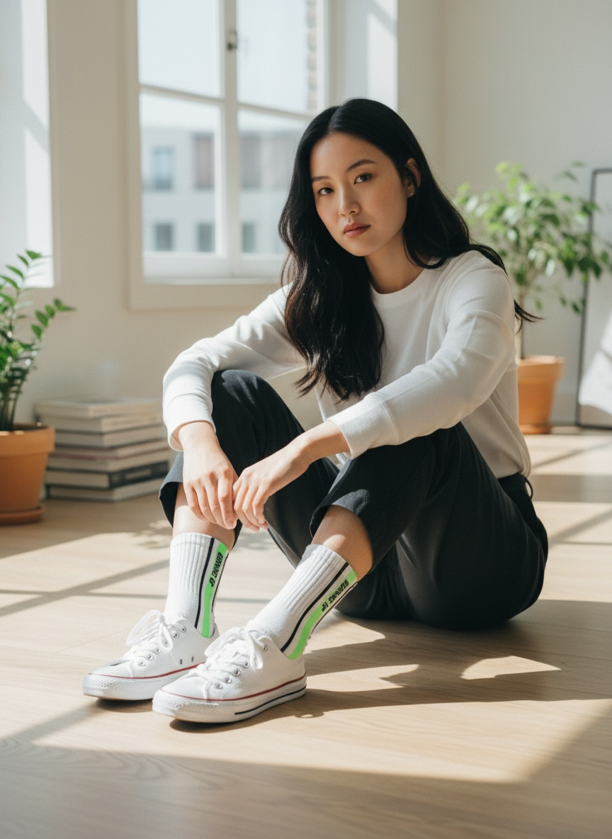 White crew socks with a vibrant neon green vertical stripe and 'BURNING UP' text on a model.
