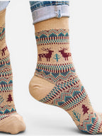 Cozy small-sized winter crew socks featuring red and navy Nordic reindeer patterns, perfect for women or youth. Beige Colour