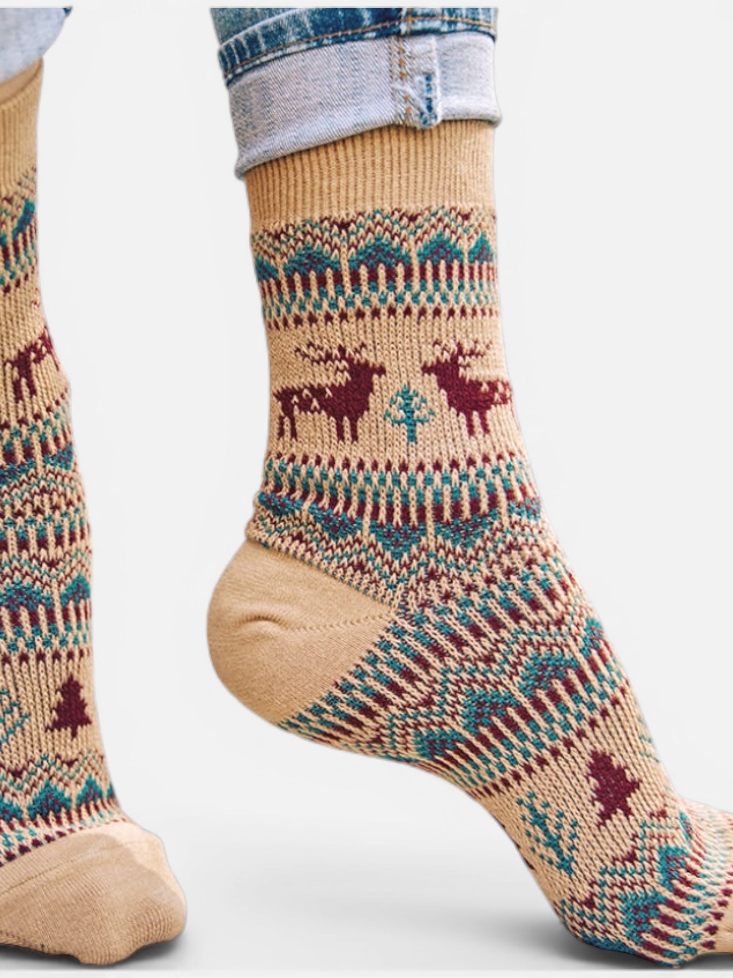 Cozy small-sized winter crew socks featuring red and navy Nordic reindeer patterns, perfect for women or youth. Beige Colour