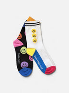 Smiley face crew socks with colorful happy face graphics, Good Vibes Only slogan, and black and white styles