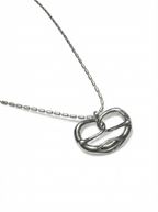 Silver necklace with a pretzel pendant on a white background